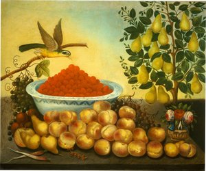 Stillleben: Obst, Vogel und Zwergbirnbaum
