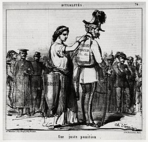 Eine gerechte Strafe: Europa befestigt ein Schild mit der Aufschrift „Räuber, Lügner, etc.“ auf dem Rücken einer Figur in österreichischer Uniform, mit Schnurrbart und Koteletten (Kaiser Franz Joseph I. von Österreich 1830-1916). Illustration von Charles V