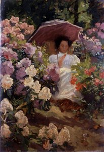 Mädchen mit einem Sonnenschirm. Jeune fille avec une ombrelle dans un jardin en fleurs. Peinture de Charles Wellington Furse (1868-1904 English) Collection privée
