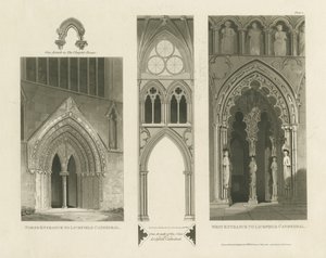 Kathedrale von Lichfield - Westportal, Nordportal und Schiff (Aquatinta-Stich)