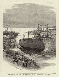Stapellauf des neuen italienischen Panzerschiffs La Sardegna in Spezia von Charles William Wyllie