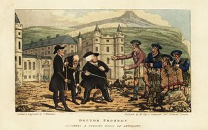Ein schottischer Maurer informiert englische Touristen, dass ihr rostiges antikes Falchionschwert eine moderne Klinge von Andrea Ferrara ist, vor dem Holyrood Palace, Edinburgh