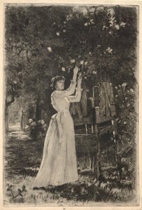 Eine junge Frau pflückt Blüten von einem Baum von Charles Yardley Turner