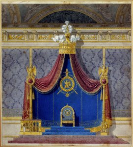 Der Thron von Napoleon I. im Palais des Tuileries, geschaffen von Charles Percier (1764-1838) und Pierre François Léonard Fontaine (1762-1853), französische Architekten und Dekorateure. Private Sammlung