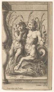 Zwei Tritonen umarmen sich, einer spielt eine Panflöte, der zweite hält eine Muschelschale, gesetzt innerhalb ..., 1579