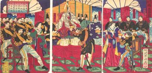 Illustration der geehrten Kommandanten, die die Kaiserliche Geschenkbecher erhalten Kunko..., September, 1877 von Chikanobu Yoshu
