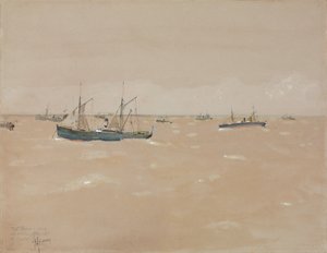 Obstdampfer reiten einen Sturm aus, vor der Küste Spaniens von Childe Frederick Hassam