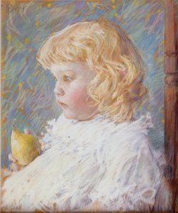 Kleines Mädchen mit einer Birne von Childe Hassam