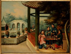 Eine chinesische Gartenszene mit Damen beim Tee, Mitte des 19. Jahrhunderts