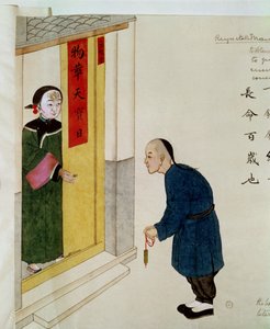 Ein respektabler Mann bettelt um Münzen, um einen Talisman für den kranken Hals seines Kindes zu machen
