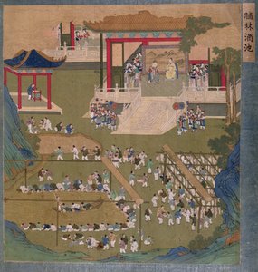 Alter chinesischer Kaiser und Kaiserin halten Hof vor Höflingen, die auf einem Teich Reiswein trinken und sich Speckstreifen nehmen von Chinese School