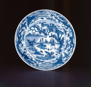 Blau-weißer Teller mit einem Weisen und einem Diener, Wanli-Marke und -Periode, 1573-90 (Porzellan)