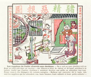 Christliches Schwein wird in zwei Hälften gesägt, während ein zweites in einem Mörser zerquetscht wird, Strafen, die Konvertiten zum Christentum erwarten, 1891 von Chinese School