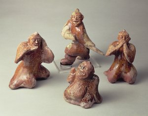 Frühe chinesische Keramikgruppe von vier Entertainern, Grabbeigabe, Han-Dynastie, 25-220 n. Chr. von Chinese School