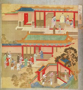 Kaiser Hsuan Tsung (712-756 n. Chr.) zu Hause, aus einer Geschichte der chinesischen Kaiser (Farbe auf Seide) von Chinese School
