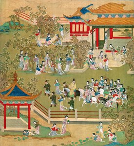 Kaiser Yang Ti (581-618) spaziert mit seinen Frauen in seinen Gärten, aus einer Geschichte der chinesischen Kaiser von Chinese School