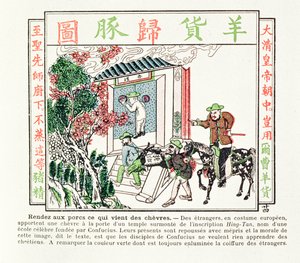 Europäische Ausländer am Tor eines Konfuzius-Tempels - ihr Geschenk einer Ziege wird mit Verachtung abgelehnt, 1891 von Chinese School
