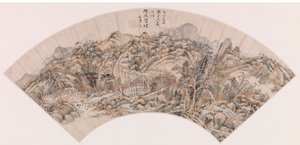 Fächer, der eine bergige Landschaft darstellt