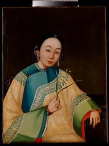 Porträt einer Hofdame, sitzend, Halbfigur, in einem bestickten Gewand, eine Blume haltend, Mitte 19. Jahrhundert von Chinese School