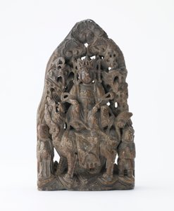 Kleine Specksteintafel mit durchbrochenem Relief von Manjusri auf Löwe, Zeit der Teilung, 543 n. Chr. von Chinese School