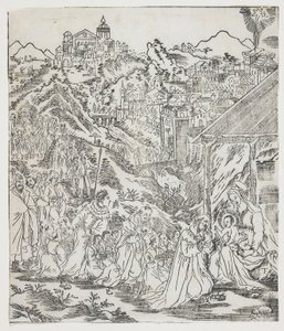 Die Anbetung Christi, Platte aus Giulio Alenis Tianzhu jiangsheng zhuxiang jingjie (Eine illustrierte Geschichte des Herrn des Himmels, der Fleisch geworden ist), Jinjiang Kirche, Provinz Fujian von Chinese School