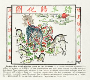 Der Kilin wird von den Schweinen und Ziegen verehrt, die die Fehler des Christentums erkannt haben und die Überlegenheit Chinas anerkennen, 1891 von Chinese School