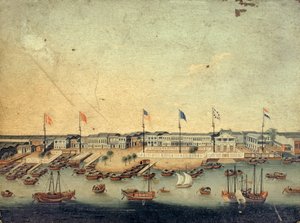 Ansicht der Hongs in Kanton mit den dänischen, österreichischen, amerikanischen, schwedischen, britischen und niederländischen Fabriken
