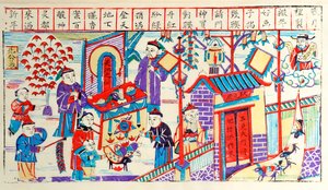 Holzschnitt, der die Aktivität eines chinesischen Haushalts während eines Festes zeigt von Chinese School