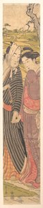 Ein Mann und ein Mädchen gehen in den Reisfeldern von Chobunsai Eishi