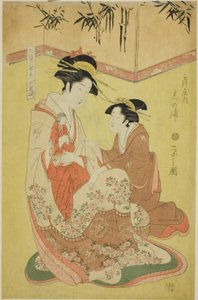 Schönheiten parodieren die sieben Weisen - Eine Auswahl jüngerer Kurtisanen (Shichi kenjin yatsushi bijin shinzo zoroe): Shinoura von der Tsuruya