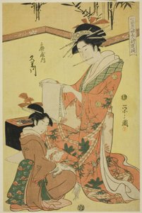 Schönheiten, die die sieben Weisen parodieren - Eine Auswahl jüngerer Kurtisanen (Shichi kenjin yatsushi bijin shinzo zoroe): Kumegawa von Ogiya von Chobunsai Eishi