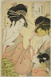 Schönheiten der Vergnügungsviertel (Seiro bijin awase): Kisegawa von der Matsubaya mit den Begleitern Onami und Menami
