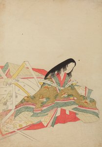 Hofdame sitzend in einem Gewand mit Hoo-Vogel-Muster, Platte aus dem Album: Nishiki-zuri onna sanju rokkasen e-zukushi