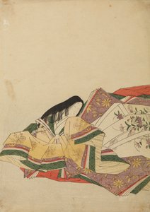 Hofdame, sitzend, nach links gewandt, Tafel aus dem Album: Nishiki-zuri onna sanju rokkasen e-zukushi von Chobunsai Eishi