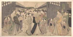 Oiran und Begleiter am Ō Mon oder Großes Tor von Yoshiwara von Chobunsai Eishi