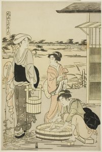 Ono no Komachi wäscht das Schreibbuch, aus der Serie Die modischen sieben Komachi (Furyu nana Komachi) von Chobunsai Eishi