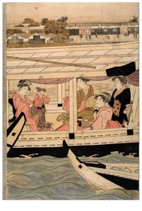 Teil eines horizontalen Pentaptychon der Sumida-Fluss-Szene von Chobunsai Eishi