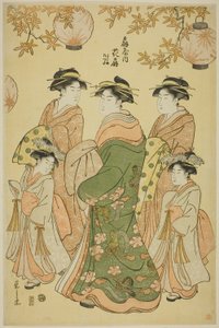 Die Kurtisane Hanaogi vom Ogiya, mit den Kinderbegleitern Yoshino und Tatsuta