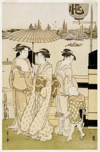 Drei Frauen und ein Junge am Sumida-Fluss, 1788-89 von Chobunsai Eishi