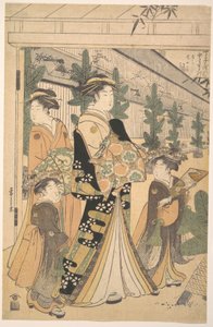 Zwei Oiran mit zwei weiblichen Begleitern in Yoshiwara von Chobunsai Eishi