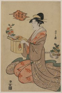 Frau hält einen Holzbecherständer, dekoriert mit Chrysanthemen (aus der Serie Elegante Bilder der fünf Jahreszeitenfeste) von Chobunsai Eishi