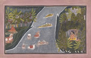Radha überquert einen Fluss, um einen hinduistischen Weisen zu treffen
