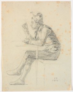 Bauernjunge mit Mütze an einem Tisch