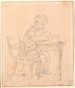 Der Sohn des Künstlers Peter, der auf eine Tafel schreibt