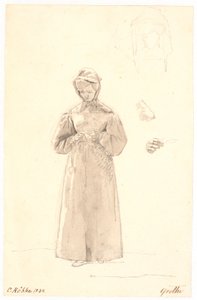 Studie der Schwester des Künstlers Cecilie Margrethe, rechts zwei Skizzen ihres Kopfes sowie Skizzen ihres Halses und ihrer Schulter und ihrer rechten Hand