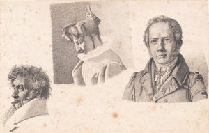 Blatt mit drei Porträts: Bäckermeister Købke, Sophie Krohn und N. Feilberg von Christen Købke