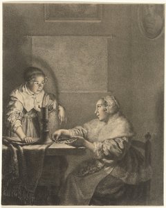 Interieur mit Dame und Dienstmädchen bei Kerzenlicht