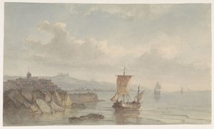 Küstenlandschaft mit Hafen und Schiffen auf dem Wasser