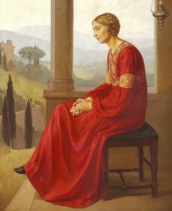 Eine Frau in einem roten Kleid, die auf einer Terrasse in einer italienischen Landschaft sitzt von Christian Bang