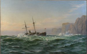 Das Panzerschiff "Iver Hvitfeldt" passiert das Kap Stat auf dem Weg nach Trondheim im Sommer 1893